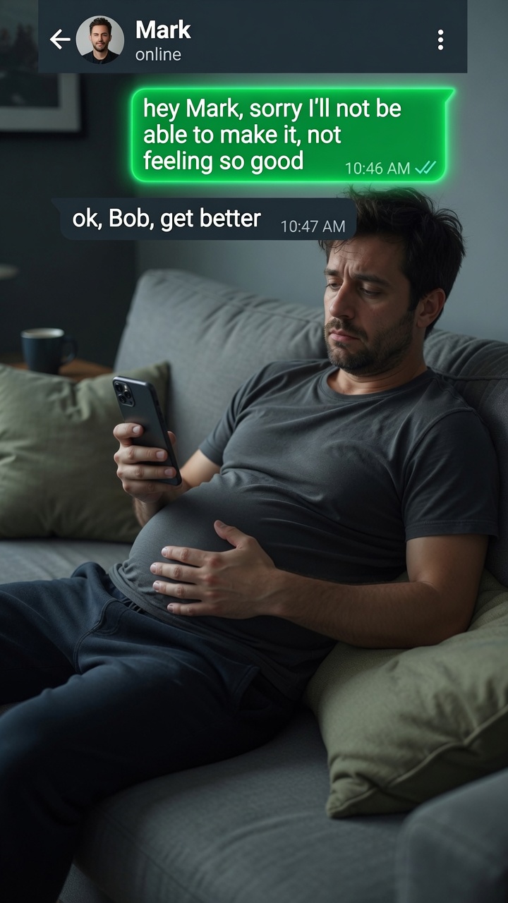 Phone with a rain-check message, cozy couch in the background