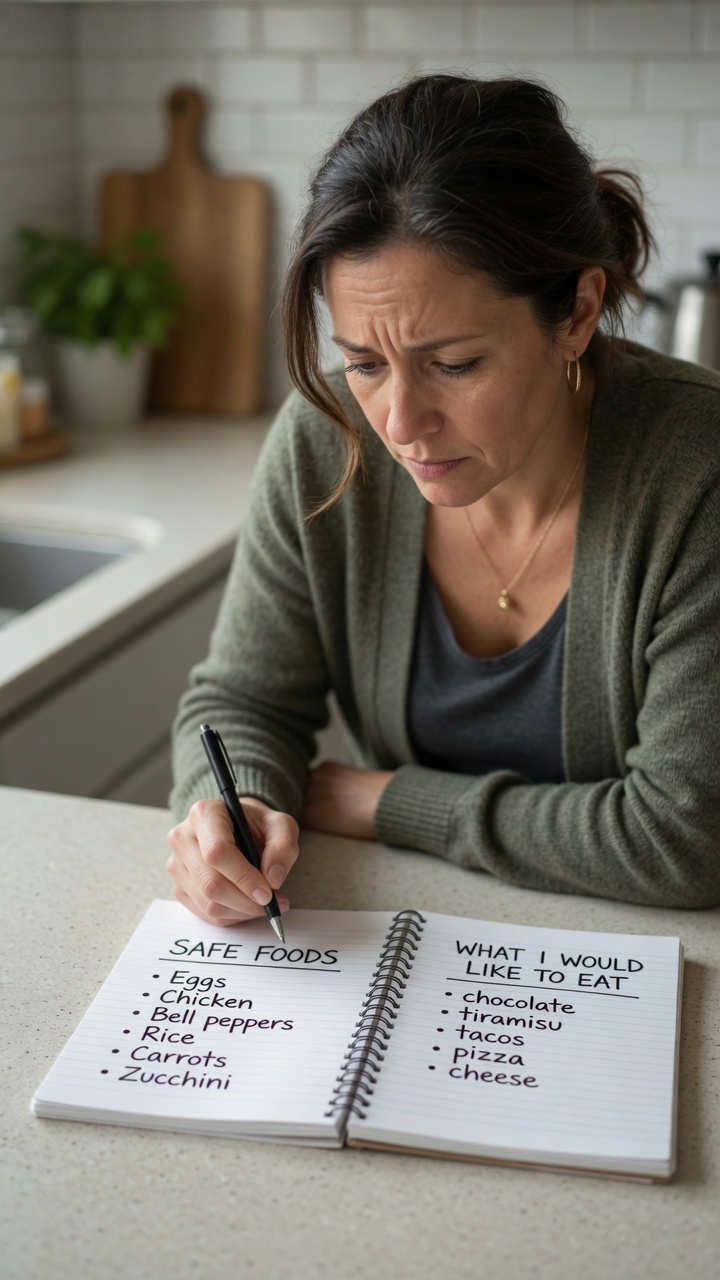 A short safe-foods shopping list on a sticky note